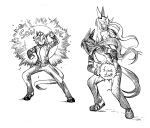  2girls admire_vega_(umamusume) animal_ears bangs breasts claw_pose crown energy_ball faceless faceless_female fighting_stance full_body greyscale heel_up highres horse_ears horse_girl horse_tail jacket long_hair long_sleeves low_ponytail mame_nabe_donko mini_crown monochrome multiple_girls pants shoes short_hair small_breasts sneakers standing t.m._opera_o_(umamusume) tail track_jacket track_suit traditional_media umamusume 