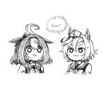  2girls :3 ahoge animal_ears bangs bow bowtie clenched_hands closed_mouth crown ears_down greyscale hands_up highres horse_ears long_sleeves mame_nabe_donko medium_hair meisho_doto_(umamusume) monochrome multiple_girls open_mouth sailor_collar school_uniform short_hair t.m._opera_o_(umamusume) tracen_school_uniform traditional_media umamusume upper_body v-shaped_eyebrows 
