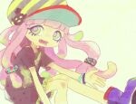  1girl bangs baseball_cap black_shirt blue_footwear boots bracelet drooling eyelashes green_eyes harmony&#039;s_clownfish_(splatoon) harmony_(splatoon) hat jewelry long_hair long_shirt mouth_drool pink_hair shirt solo splatoon_(series) splatoon_3 striped striped_headwear t-shirt tentacle_hair yoyterra 