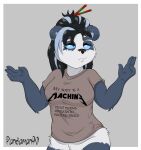  anthro bear blizzard_entertainment bottomless clothed clothing death_knight eye_roll female gesture giant_panda glowing glowing_eyes hi_res highlights_(coloring) mammal meme meme_clothing pandaman90 pandaren shrug slightly_chubby solo text text_on_clothing topwear undead warcraft wide_hips 