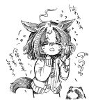  1girl =_= ahoge animal_ears cardigan closed_eyes greyscale hair_brush highres holding holding_brush horse_ears horse_girl horse_tail long_sleeves mame_nabe_donko medium_hair meisho_doto_(umamusume) monochrome open_mouth shirt solo tail tanuki tearing_up tears traditional_media translation_request umamusume wavy_mouth 