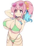  1girl bangs bare_shoulders bikini blush breasts cleavage collarbone commentary green_bikini highres large_breasts long_hair navel pink_hair slugbox smile solo swimsuit symbol-only_commentary thighs white_background 
