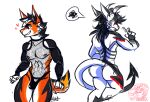  &lt;3 allosaurex andromorph anthro butt canid canine clothed clothing duo fishnet_clothing horn hybrid intersex male mammal monster multicolored_body nipples nude orange_body partially_clothed signature simple_background smile standing tagme tail unknown_species watermark white_background white_body 