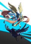  absurdres beak bird bright_pupils claws corviknight crow highres mouth_hold no_humans open_mouth pokemon pokemon_(creature) purple_wings red_eyes spread_wings sword talons ukata weapon white_pupils wings wolf yellow_eyes zacian zacian_(crowned) 