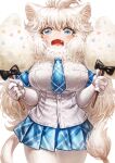  1girl :d animal_ears big_hair blue_eyes blue_necktie blue_skirt blush cotton_candy cowboy_shot elbow_gloves fang gloves highres kemono_friends lion_ears lion_girl lion_tail long_hair looking_at_viewer necktie open_mouth oyu_udon pantyhose plaid plaid_necktie plaid_skirt plaid_trim pleated_skirt shirt short_sleeves skirt smile solo t-shirt tail white_gloves white_hair white_lion_(kemono_friends) white_pantyhose white_shirt 