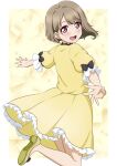  1girl absurdres bangs birthday blush commentary_request dress from_behind grey_hair highres looking_at_viewer love_live! love_live!_nijigasaki_high_school_idol_club nakasu_kasumi red_eyes short_hair single_sidelock smile solo umnh-o yellow_dress 