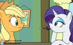  2019 absurd_res applejack_(mlp) bedroom_eyes blonde_hair blue_eyes clothing cowboy_hat duo eagc7 earth_pony equid equine eye_contact female female/female feral flat_colors food freckles friendship_is_magic furniture green_eyes hair hasbro hat headgear headwear hi_res horn horse ko-fi looking_at_another mammal my_little_pony narrowed_eyes orange_body patreon picture_in_picture pocky_in_mouth pony puckered_lips purple_hair rarity_(mlp) seductive side_view table unicorn watermark white_body 