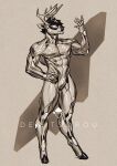  2021 android anthro antlers deer demitsorou featureless_crotch glistening glistening_body hand_on_hip hi_res hooved_digitigrade hooves horn machine male mammal monochrome nude robot simple_background solo standing 