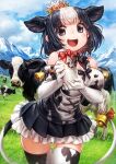  1girl :d animal_ears animal_print bare_shoulders bell black_bow black_bowtie black_hair black_skirt blush bottle bow bowtie breasts cow cow_ears cow_girl cow_print cow_tail creature_and_personification elbow_gloves extra_ears frilled_skirt frills glove_bow gloves hair_bow hair_bun highres holstein_friesian_cattle_(kemono_friends) kemono_friends large_breasts looking_at_viewer milk_bottle multicolored_hair open_mouth orange_bow outdoors oyu_udon pleated_skirt print_gloves print_legwear print_shirt red_bow shirt short_hair single_hair_bun skirt sleeveless smile solo tail tail_bell tail_bow tail_ornament thighhighs two-tone_hair zettai_ryouiki 