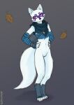  2023 alopex anthro arctic_fox arm_wraps bottomless bottomless_anthro bottomless_female canid canine clothed clothing facial_markings female fox full-length_portrait fur genitals grey_background hands_on_hips head_markings hi_res mammal markings mask_(marking) portrait pussy sealer4258 simple_background solo standing teenage_mutant_ninja_turtles white_body white_fur wraps 