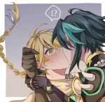  !? 2boys aether_(genshin_impact) ahoge arm_grab bangs black_gloves blonde_hair blue_gemstone blue_hair blush border braid brown_gloves brown_shirt commentary gem genshin_impact gloves grabbing gradient_background grey_background grey_ribbon hair_between_eyes hair_ornament hair_ribbon hand_up jewelry kiss long_hair looking_at_another male_focus mandarin_collar multicolored_hair multiple_boys necklace outside_border paaaao01 pearl_necklace purple_background purple_gloves ribbon scarf shirt short_hair short_sleeves simple_background speech_bubble surprised sweat sweatdrop symbol-only_commentary two-tone_hair upper_body vision_(genshin_impact) white_border white_scarf xiao_(genshin_impact) yaoi yellow_eyes 