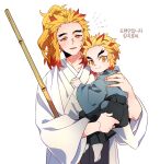  2boys aged_up black_hakama blonde_hair carrying child child_carry closed_mouth coat colored_tips commentary_request father_and_son forked_eyebrows hakama half-closed_eyes hand_up hands_on_another&#039;s_chest hands_up haori happy holding holding_sword holding_weapon if_they_mated japanese_clothes katana kimetsu_no_yaiba korean_commentary korean_text long_sleeves looking_at_viewer male_child male_focus medium_hair multicolored_hair multiple_boys no_shoes ponytail red_hair rengoku_senjurou short_hair sidelocks smile streaked_hair sword tabi ungungzza upper_body weapon white_background white_coat wooden_sword 
