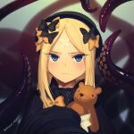  1girl abigail_williams_(fate) bangs black_bow black_dress black_headwear blonde_hair blue_eyes blush boa_(brianoa) bow breasts dress fate/grand_order fate_(series) forehead hair_bow hat highres long_hair long_sleeves looking_at_viewer orange_bow parted_bangs ribbed_dress sleeves_past_fingers sleeves_past_wrists small_breasts solo stuffed_animal stuffed_toy teddy_bear tentacles 