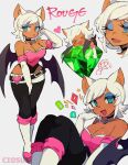  &gt;_&lt; 1girl :d animal_ears artist_name bare_shoulders bat_ears bat_wings belt black_choker black_pants blue_eyes blue_eyeshadow boots breasts chaos_emerald character_name choker ciosuii cleavage dark-skinned_female dark_skin elbow_gloves eyeshadow fang gem gloves green_gemstone grey_background heart highres hug humanization jewelry knee_boots lipstick looking_at_viewer makeup master_emerald multiple_views one_eye_closed open_mouth pants rouge_the_bat short_hair simple_background smile sonic_(series) thick_eyebrows white_footwear white_gloves white_hair wings 