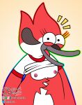  avian bird breast_play breast_squish breasts cartoon_network clothed clothing female fur hi_res looking_at_viewer male male/female margaret_smith_(regular_show) nipples raised_clothing raised_shirt raised_topwear red_body red_fur regular_show shaded shirt simple_background simple_shading small_breasts smile smiling_at_viewer solitary_selenite squish topwear 