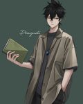  1boy absurdres baggy_clothes bangs black_clover black_hair book buttons collared_shirt green_background grey_shirt hair_between_eyes hand_in_pocket highres holding holding_book jewelry long_bangs looking_at_viewer male_focus open_clothes open_shirt parted_lips pendant prayudi555 shirt short_hair signature solo yellow_eyes yuno_(black_clover) 
