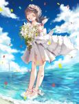  1girl beach blue_sky bouquet brown_hair closed_eyes cloud confetti daisy dress elbow_gloves flower fubuki_(kancolle) gloves holding holding_bouquet kantai_collection kurosuke_(hipparu) lighthouse lily_(flower) no_socks open_mouth ponytail ribbon rose sky smile solo wading water wedding_dress white_dress white_flower white_gloves white_lily white_rose 