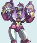  1girl blue_background finger_gun head_tilt highres looking_at_viewer mecha mmt0180 nautica_(transformers) one_eye_closed parted_lips robot science_fiction simple_background sketch smile solo the_transformers_(idw) transformers 