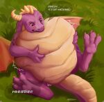  absurd_res activision anthro artist_name belly big_belly dragon front_view glistening glistening_eyes grass hi_res horn huge_belly hyper hyper_belly male motion_lines outside pink_eyes plant purple_body roobin scales scalie solo speech_bubble spread_legs spreading spyro spyro_the_dragon vore yellow_body yellow_horn yellow_scales 