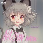  1girl album_cover_redraw animal_ears bangs black_bow black_bowtie blush bow bowtie character_name commentary_request cosplay derivative_work grey_background grey_hair iris_anemone long_sleeves mouse_ears mouse_girl mouse_tail muted_color nazrin open_mouth parody red_eyes shirt short_hair solo suspenders sweetest_music tail takeuchi_mariya takeuchi_mariya_(cosplay) touhou upper_body white_shirt 