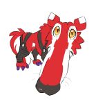  bandai_namco beelzemon_(artist) claws clothing digimon digimon_(species) fangmon feral fur harness humor leather leather_clothing leather_straps long_snout male quadruped red_body red_fur scar snout solo yellow_eyes 