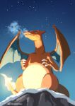  breath charizard claws commentary_request fangs fangs_out flame-tipped_tail from_below funahashi_(nkmmmmr) highres looking_up night no_humans outdoors pokemon pokemon_(creature) sky solo star_(sky) twitter_username watermark 