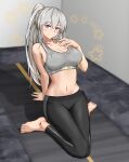  1girl arm_support azur_lane bare_arms bare_shoulders barefoot black_pants blush breasts cleavage clothes_writing collarbone commentary_request crop_top enterprise_(azur_lane) grey_hair hair_between_eyes highres indoors large_breasts leggings long_hair looking_at_viewer midriff mosamosaobake navel pants ponytail purple_eyes smile solo sports_bra stomach very_long_hair 