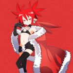  1girl black_gloves black_thighhighs breasts choker commentary_request demon_girl disgaea earrings elbow_gloves etna_(disgaea) gloves hand_on_hip highres jewelry latex latex_gloves looking_at_viewer makai_senki_disgaea navel pointy_ears red_background red_eyes red_hair shinbashi_seiji skirt skull_earrings small_breasts smile solo thighhighs twintails 