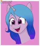  2021 absurd_res blue_hair border digital_drawing_(artwork) digital_media_(artwork) eagc7 equid equine female feral gradient_hair hair hasbro headshot_portrait hi_res horn izzy_moonbow_(mlp) ko-fi mammal mlp_g5 my_little_pony open_mouth open_smile patreon pink_background portrait purple_body purple_eyes simple_background smile solo text unicorn url white_border 