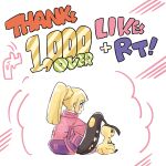  1girl bede_(pokemon) bede_(pokemon)_(cosplay) blonde_hair blush closed_mouth coat cosplay green_eyes high_collar highres kinocopro lillie_(pokemon) long_hair looking_at_viewer looking_back looking_down mawile milestone_celebration pink_coat pokemon pokemon_(creature) pokemon_(game) pokemon_sm pokemon_swsh ponytail purple_bag red_eyes sitting smile thank_you white_background 