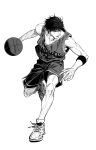  1boy absurdres ball bangs basketball basketball_jersey basketball_uniform black_hair black_wristband chibunyam commentary_request full_body greyscale highres holding holding_ball korean_commentary male_focus monochrome shoes short_hair slam_dunk_(series) sneakers solo sportswear twitter_username 