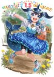  1girl :d anniversary bike_shorts black_hair black_shorts black_socks blonde_hair blowhole blue_eyes blue_footwear blue_hair blue_shirt blue_skirt bolo_tie boots cetacean_tail collared_shirt common_dolphin_(kemono_friends) dorsal_fin fish_tail frilled_skirt frills gloves high-waist_skirt highres kemono_friends kemono_friends_3 multicolored_hair official_alternate_costume open_mouth oyu_udon shirt shorts shorts_under_skirt skirt smile socks solo tail two-tone_shirt uniform white_gloves white_hair white_shirt 