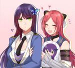  2girls :/ :d =3 ^_^ arm_at_side arm_belt assault_lily bangs bare_shoulders belt belt_buckle black_belt black_choker black_necktie blue_jacket blue_sailor_collar blush braid breasts buckle butterfly_hair_ornament character_print choker closed_eyes closed_mouth commentary_request cushion detached_sleeves earrings funada_kiito gradient_hair green_eyes hair_ornament hairpods halftone halftone_background hand_on_another&#039;s_arm hands_up heart holding holding_pillow jacket jewelry large_breasts layered_sleeves long_hair long_sleeves looking_to_the_side mole mole_under_eye multicolored_hair multiple_girls necktie nigari_(ngari_0115) notice_lines o-ring o-ring_choker odaiba_girls_high_school_uniform open_mouth parted_bangs pillow pink_background print_pillow purple_hair red_hair sailor_collar school_uniform serafuku shiba_tomoshibi shirt side-by-side side_braid sideways_glance single_braid sleeveless sleeveless_shirt smile two-tone_hair upper_body very_long_hair white_shirt 
