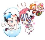  1girl 3boys :d ? akaza_(kimetsu_no_yaiba) annoyed arm_up bandaid bandaid_on_head bangs barefoot black_hair blonde_hair blue_eyes blush_stickers braid cape chibi colored_eyelashes colored_tips crossed_arms demon_slayer_uniform dougi dual_persona egg eggshell eggshell_hat eye_contact facial_mark flower forked_eyebrows full_body green_hair hair_flower hair_ornament hakuji_(kimetsu_no_yaiba) hatching holding holding_stick kanroji_mitsuri kimetsu_no_yaiba korean_commentary light_particles long_hair long_sleeves looking_at_another medium_hair multicolored_hair multiple_boys objectification open_mouth pants pink_hair pink_vest poking red_hair rengoku_kyoujurou sleeveless smile snowflake_hair_ornament spoken_question_mark standing stick streaked_hair surprised tomioka_giyuu two-tone_hair uneven_eyes ungungzza vest white_background white_cape white_pants yellow_eyes 