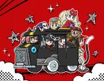  4boys 4girls akechi_gorou amamiya_ren black_hair blonde_hair blue_eyes blue_hair brown_eyes brown_hair cat_tail cup drinking driving glasses gloves green_gloves grin head-mounted_display highres kitagawa_yuusuke long_hair mask mask_on_head morgana_(persona_5) multiple_boys multiple_girls niijima_makoto okumura_haru open_mouth orange_hair persona persona_5 pink_gloves red_background red_eyes red_gloves sakamoto_ryuuji sakura_futaba short_hair smile star_(symbol) tail takamaki_anne teacup twintails undersyaro white_gloves yellow_gloves 