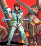  1boy absurdres ammunition_pouch amuro_ray black_eyes blue_footwear boots brown_hair glowing glowing_eye gun gundam headwear_removed helmet helmet_removed highres holding holding_gun holding_weapon jazz_kawa_sodom looking_at_viewer mecha mobile_suit mobile_suit_gundam pouch red_background robot rx-78-2 short_hair solo_focus straight-on v-shaped_eyebrows weapon yellow_eyes 