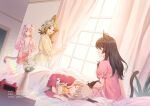  4girls :d animal_ear_fluff animal_ears arknights arms_behind_back bed black_hair blanket blonde_hair brown_hair cat_ears cat_tail character_doll chinese_commentary closed_eyes collarbone commentary curtains cushion gogatsu_fukuin goldenglow_(arknights) grey_hair haze_(arknights) indoors jacket lofter_username long_hair long_sleeves medium_hair mousse_(arknights) multiple_girls nightgown open_clothes open_jacket open_mouth parted_lips pink_hair pink_jacket pink_nightgown profile puffy_short_sleeves puffy_sleeves quercus_(arknights) red_nightgown red_shorts robe shirt short_sleeves shorts skyfire_(arknights) sleeping smile tail twitter_username weibo_username white_shirt window yellow_eyes yellow_robe 