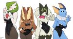  4girls :3 absurdres animal_ears animal_nose arm_at_side arm_behind_back arm_up artist_name bangs bare_shoulders black_bow black_bowtie black_fur black_leotard black_pantyhose black_sclera blue_skin bob_cut body_fur bow bowtie breasts brown_fur buck_teeth cat_girl cleavage closed_mouth clothed_pokemon collarbone colored_sclera colored_skin commentary constricted_pupils cowboy_shot dated detached_collar embarrassed english_commentary fake_tail finger_counting furry furry_female gardevoir green_fur green_hair hair_over_one_eye half-closed_eyes hand_on_hip hand_on_own_chest hands_up happy head_fins highres index_finger_raised large_breasts leaning_forward leotard looking_at_viewer looking_away looking_down lopunny medium_breasts meowscarada multiple_girls one_eye_covered open_mouth pantyhose parted_lips personification playboy_bunny pokemon pokemon_(creature) rabbit_ears rabbit_girl rabbit_tail red_eyes ryu_(ryuwanshoy) short_hair shy simple_background small_breasts smile split_mouth standing strapless strapless_leotard tail teeth thighs traditional_bowtie two-tone_fur vaporeon watermark wavy_eyes wavy_mouth white_background white_eyes white_skin wrist_cuffs yellow_fur 