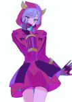  1girl bangs commentary_request courtney_(pokemon) cowboy_shot dress eyelashes fake_horns gloves hand_up highres hood hood_up horns logo najuco_(naju0517) pokemon pokemon_(game) pokemon_oras purple_eyes purple_hair ribbed_dress short_hair simple_background solo team_magma team_magma_uniform white_background 