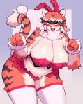  2022 anthro big_breasts blush breasts bunny_costume cleavage clothed clothing costume cute_fangs digital_media_(artwork) fake_ears fake_rabbit_ears felid female female_anthro fur hair hi_res huge_breasts kemono legwear looking_at_viewer mammal multicolored_body multicolored_fur multicolored_hair multicolored_tail pantherine solo sususuigi tail thick_thighs thigh_highs tiger wide_hips 