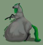  abdominal_bulge ambiguous_gender belly big_belly black_body blue_eyes digestion_noises equid equine fangs feral glowing glowing_eyes green_background green_hooves green_mane green_tail grey_body hi_res hooves horse huge_belly hyper hyper_belly imprint mammal mane mouth_closed roobin side_view signature simple_background tail teeth vore 