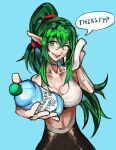  1girl black_leggings blue_background bottle breasts collarbone fire_emblem green_eyes green_hair hair_ornament hair_scrunchie holding holding_bottle holding_towel large_breasts leggings light_blush long_hair looking_at_viewer one_eye_closed pointy_ears ponytail red_scrunchie saiykik scrunchie smile solo sports_bra sweat teeth tiki_(fire_emblem) towel unfinished upper_teeth_only very_long_hair water_bottle white_sports_bra wiping_sweat 