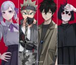  2boys 2girls alternate_costume antenna_hair asta_(black_clover) bangs black_clover black_gloves black_hair black_headband black_shirt black_skirt blouse bob_cut buttons closed_mouth collared_shirt fingerless_gloves gloves green_eyes grey_hair grey_jacket grey_shirt hair_between_eyes hair_ribbon headband holding holding_sword holding_weapon jacket jewelry long_bangs long_hair looking_at_viewer multiple_boys multiple_girls neck_ribbon noelle_silva parted_lips pendant pleated_skirt prayudi555 purple_eyes purple_ribbon red_background red_eyes ribbon secre_swallowtail shirt short_hair signature skirt spiked_hair sword twintails upper_body weapon white_shirt yellow_eyes yuno_(black_clover) 