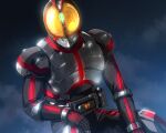  1boy armor belt facing_viewer full_armor glowing glowing_eyes highres inui_takumi jazz_jack kamen_rider kamen_rider_555 kamen_rider_faiz male_focus power_armor solo squatting 