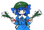  :&gt; backpack bag blue_eyes blue_hair blush cucumber dildo hair_bobbles hair_ornament highres kawashiro_nitori key long_sleeves looking_at_viewer nose_blush short_hair short_twintails simple_background skirt skirt_set smile solo standing syodo touhou traditional_media twintails two_side_up vibrator white_background 