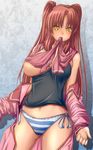  areola_slip areolae bad_id bad_pixiv_id blush breasts chakabo highres kousaka_tamaki large_breasts long_hair mouth_hold panties red_hair side-tie_panties solo striped striped_panties to_heart_2 twintails underwear yellow_eyes 