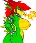  armband big_breasts collar dragon dragon_girl dragoness earrings fire full-color genderswap green_eyes green_skin hands_on_hips huge_breasts koopa mario monster_girl red_hair shell spiked_collar spiked_cuffs spiked_wrist_band spiked_wrist_cuffs spikes wristband 