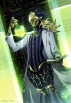  1boy avicebron_(fate) blonde_hair book fate/apocrypha fate_(series) flask holding holding_book labcoat laboratory long_hair mask meiji_ken open_book tube twitter_username 