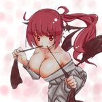  alternate_hairstyle bangs bare_shoulders bat_wings blunt_bangs breasts cleavage collarbone hakano_shinshi head_wings huge_breasts japanese_clothes koakuma leaning_forward long_hair looking_at_viewer mouth_pull off_shoulder ponytail red_eyes red_hair smile solo touhou wings 