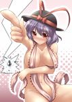  blush bow breasts camera cleavage hat large_breasts looking_at_viewer nagae_iku navel pointing purple_hair red_eyes ribbon saturday_night_fever shameimaru_aya shawl skeleton slingshot_swimsuit solo swimsuit tokin_hat touhou yoshi_tama 